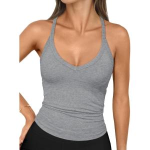 imageTrendy Queen Womens Workout Tank Tops Racerback Summer 2025 Camisole Top V Neck Ribbed Sleeveless Beach Fashion ClothesGrey