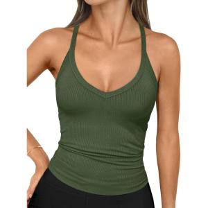 imageTrendy Queen Womens Workout Tank Tops Racerback Summer 2025 Camisole Top V Neck Ribbed Sleeveless Beach Fashion ClothesOlivegreen