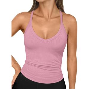 imageTrendy Queen Womens Workout Tank Tops Racerback Summer 2025 Camisole Top V Neck Ribbed Sleeveless Beach Fashion ClothesPink