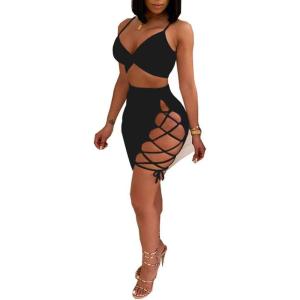 imageWomens Sexy Sleeveless Bodycon Club Mini Dress 2024 Summer Spaghetti Strap Cut Out Two Piece Skirt SetsBlack