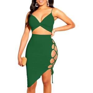 imageWomens Sexy Sleeveless Bodycon Club Mini Dress 2024 Summer Spaghetti Strap Cut Out Two Piece Skirt SetsDark Green