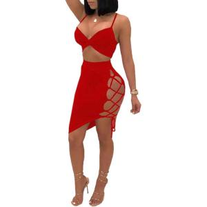imageWomens Sexy Sleeveless Bodycon Club Mini Dress 2024 Summer Spaghetti Strap Cut Out Two Piece Skirt SetsRed