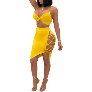 imageWomens Sexy Sleeveless Bodycon Club Mini Dress 2024 Summer Spaghetti Strap Cut Out Two Piece Skirt SetsYellow