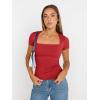imageTrendy Queen Womens Square Neck Tops Short Sleeve Shirts Double Lined Workout Summer Clothes Casual Slim Fit TShirtsRed