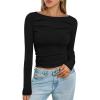 imageTrendy Queen Womens Long Sleeve Shirts 2025 Ruched Boat Neck Business Casual Tops Fitted Crop Cute Spring OutfitsBlack