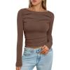 imageTrendy Queen Womens Long Sleeve Shirts 2025 Ruched Boat Neck Business Casual Tops Fitted Crop Cute Spring OutfitsBrown