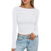 imageTrendy Queen Womens Long Sleeve Shirts 2025 Ruched Boat Neck Business Casual Tops Fitted Crop Cute Spring OutfitsWhite