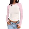 imageTrendy Queen Womens Long Sleeve Shirts Slim Fit Stretchy Color Block Slightly Cropped TopsBeige Pink Combo