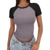 imageTrendy Queen Womens Short Sleeve Slim Fit Slightly Crop Color Block Crew Neck Basic T Shirts Stretchy Summer Tops 2025Black Grey