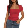 imageTrendy Queen Womens Square Neck Tops Short Sleeve Shirts Double Lined Workout Summer Clothes Casual Slim Fit TShirtsRed