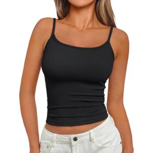 imageTrendy Queen Camisole Tops for Women 2025 Summer Crop Tank Top Square Neck Adjustable Spaghetti Strap Sleeveless ShirtsBlack