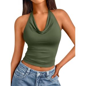 imageTrendy Queen Summer Tops for Women 2025 Going Out Cute y2k Shirts Halter Cowl Neck Backless Basic Vacation Outfits ClothesArmygreen