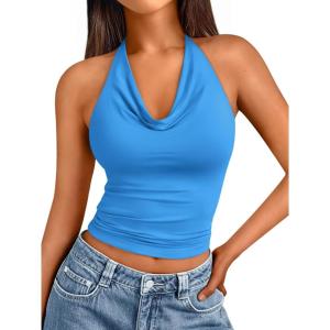 imageTrendy Queen Summer Tops for Women 2025 Going Out Cute y2k Shirts Halter Cowl Neck Backless Basic Vacation Outfits ClothesBlue