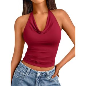 imageTrendy Queen Summer Tops for Women 2025 Going Out Cute y2k Shirts Halter Cowl Neck Backless Basic Vacation Outfits ClothesRed