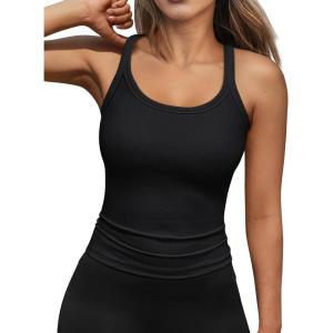 imageTrendy Queen Tank Tops for Women Summer Racerback Workout Tops Ribbed Spaghetti Strap Camisole Going Out Clothes 2025Black