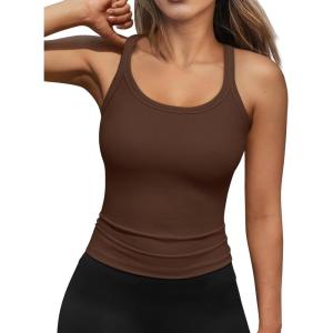 imageTrendy Queen Tank Tops for Women Summer Racerback Workout Tops Ribbed Spaghetti Strap Camisole Going Out Clothes 2025Brown