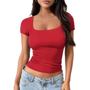 imageTrendy Queen Tshirts Shirts for Women Double Lined Going Out Crop Tops 2025 Spring Summer Workout Y2k Clothes Beach FashionRed