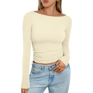 imageTrendy Queen Womens Boat Neck Tops Long Sleeve Shirts Casual Fitted Tee Shirts Solid Color Fall Basic ClothesApricot