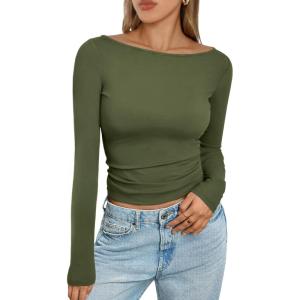 imageTrendy Queen Womens Boat Neck Tops Long Sleeve Shirts Casual Fitted Tee Shirts Solid Color Fall Basic ClothesArmygreen