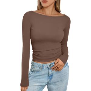 imageTrendy Queen Womens Boat Neck Tops Long Sleeve Shirts Casual Fitted Tee Shirts Solid Color Fall Basic ClothesBrown