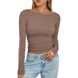 imageTrendy Queen Womens Boat Neck Tops Long Sleeve Shirts Casual Fitted Tee Shirts Solid Color Fall Basic ClothesCoffeegray