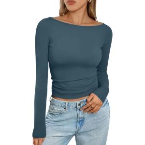 imageTrendy Queen Womens Boat Neck Tops Long Sleeve Shirts Casual Fitted Tee Shirts Solid Color Fall Basic ClothesHazeblue