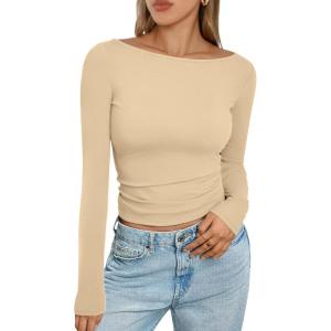 imageTrendy Queen Womens Boat Neck Tops Long Sleeve Shirts Casual Fitted Tee Shirts Solid Color Fall Basic ClothesKhaki