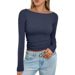 imageTrendy Queen Womens Boat Neck Tops Long Sleeve Shirts Casual Fitted Tee Shirts Solid Color Fall Basic ClothesNavyblue
