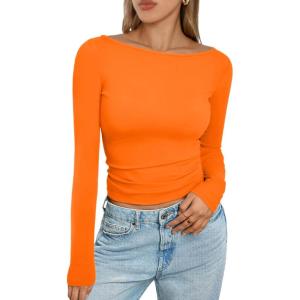 imageTrendy Queen Womens Boat Neck Tops Long Sleeve Shirts Casual Fitted Tee Shirts Solid Color Fall Basic ClothesOrange