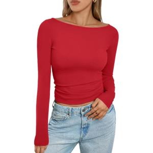 imageTrendy Queen Womens Boat Neck Tops Long Sleeve Shirts Casual Fitted Tee Shirts Solid Color Fall Basic ClothesRed