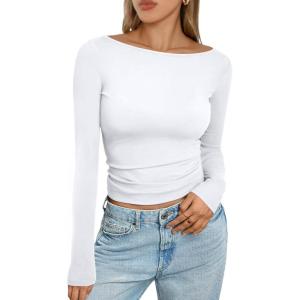imageTrendy Queen Womens Boat Neck Tops Long Sleeve Shirts Casual Fitted Tee Shirts Solid Color Fall Basic ClothesWhite