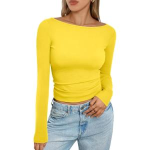imageTrendy Queen Womens Boat Neck Tops Long Sleeve Shirts Casual Fitted Tee Shirts Solid Color Fall Basic ClothesYellow
