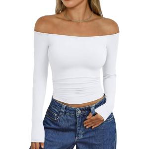 imageTrendy Queen Womens Long Sleeve Off The Shoulder Tops Going Out Cute Basic Y2K Fall Fashion 2025 Outfits ClothesWhite