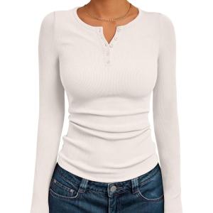imageTrendy Queen Womens Long Sleeve Shirts 2025 Henley Casual Fall Outfits Fitted Cotton Tops Ribbed Fashion Cute Basic TeesBeige