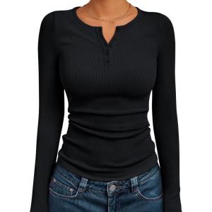 imageTrendy Queen Womens Long Sleeve Shirts 2025 Henley Casual Fall Outfits Fitted Cotton Tops Ribbed Fashion Cute Basic TeesBlack
