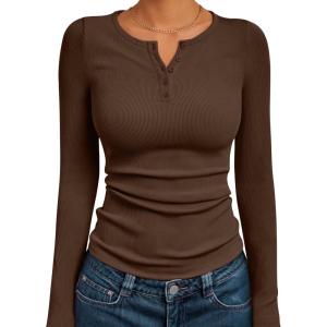 imageTrendy Queen Womens Long Sleeve Shirts 2025 Henley Casual Fall Outfits Fitted Cotton Tops Ribbed Fashion Cute Basic TeesCoffee