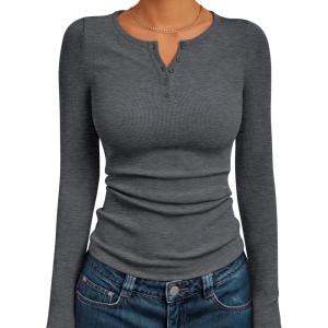 imageTrendy Queen Womens Long Sleeve Shirts 2025 Henley Casual Fall Outfits Fitted Cotton Tops Ribbed Fashion Cute Basic TeesDark Grey