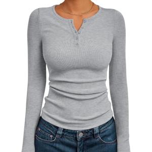 imageTrendy Queen Womens Long Sleeve Shirts 2025 Henley Casual Fall Outfits Fitted Cotton Tops Ribbed Fashion Cute Basic TeesGrey