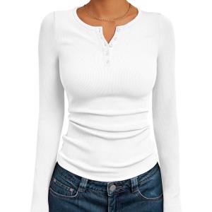 imageTrendy Queen Womens Long Sleeve Shirts 2025 Henley Casual Fall Outfits Fitted Cotton Tops Ribbed Fashion Cute Basic TeesWhite