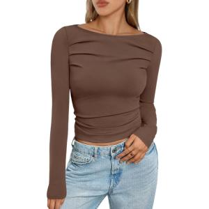 imageTrendy Queen Womens Long Sleeve Shirts 2025 Ruched Boat Neck Business Casual Tops Fitted Crop Cute Spring OutfitsBrown