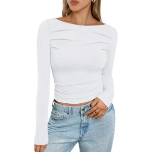 imageTrendy Queen Womens Long Sleeve Shirts 2025 Ruched Boat Neck Business Casual Tops Fitted Crop Cute Spring OutfitsWhite
