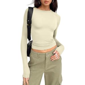 imageTrendy Queen Womens Long Sleeve Shirts Basic Tees Crop Tops Going Out Spring 2025 Workout Outfits Y2k ClothesApricot