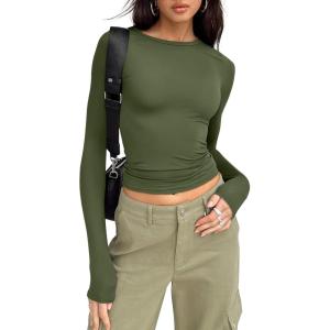 imageTrendy Queen Womens Long Sleeve Shirts Basic Tees Crop Tops Going Out Spring 2025 Workout Outfits Y2k ClothesArmy Green