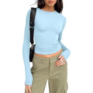 imageTrendy Queen Womens Long Sleeve Shirts Basic Tees Crop Tops Going Out Spring 2025 Workout Outfits Y2k ClothesBaby Blue