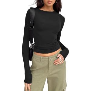 imageTrendy Queen Womens Long Sleeve Shirts Basic Tees Crop Tops Going Out Spring 2025 Workout Outfits Y2k ClothesBlack