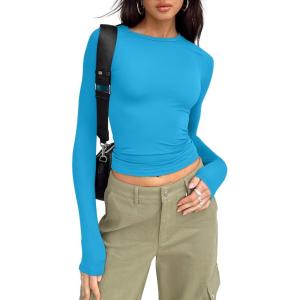 imageTrendy Queen Womens Long Sleeve Shirts Basic Tees Crop Tops Going Out Spring 2025 Workout Outfits Y2k ClothesBlue