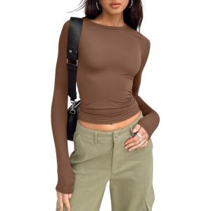 imageTrendy Queen Womens Long Sleeve Shirts Basic Tees Crop Tops Going Out Spring 2025 Workout Outfits Y2k ClothesBrown