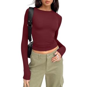 imageTrendy Queen Womens Long Sleeve Shirts Basic Tees Crop Tops Going Out Spring 2025 Workout Outfits Y2k ClothesBurgundy