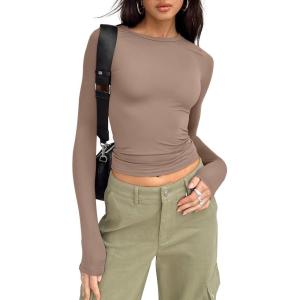 imageTrendy Queen Womens Long Sleeve Shirts Basic Tees Crop Tops Going Out Spring 2025 Workout Outfits Y2k ClothesCoffee Grey