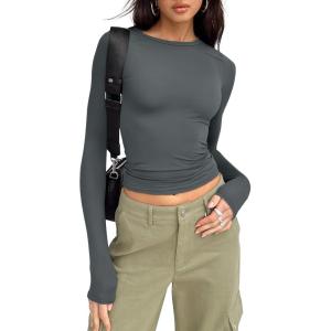 imageTrendy Queen Womens Long Sleeve Shirts Basic Tees Crop Tops Going Out Spring 2025 Workout Outfits Y2k ClothesGray